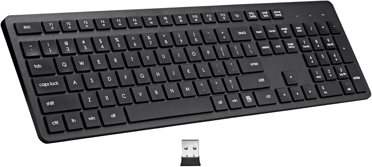 619brOWf-iL._AC_SL1500_.jpg Wireless Keyboard, 2.4G USB External Silent Cordless Keyboard for Windows Chrome Laptop Computer PC Desktop Notebook Chromebook, 106 Keys Full Size with Number Pad (Black) - Image 1
