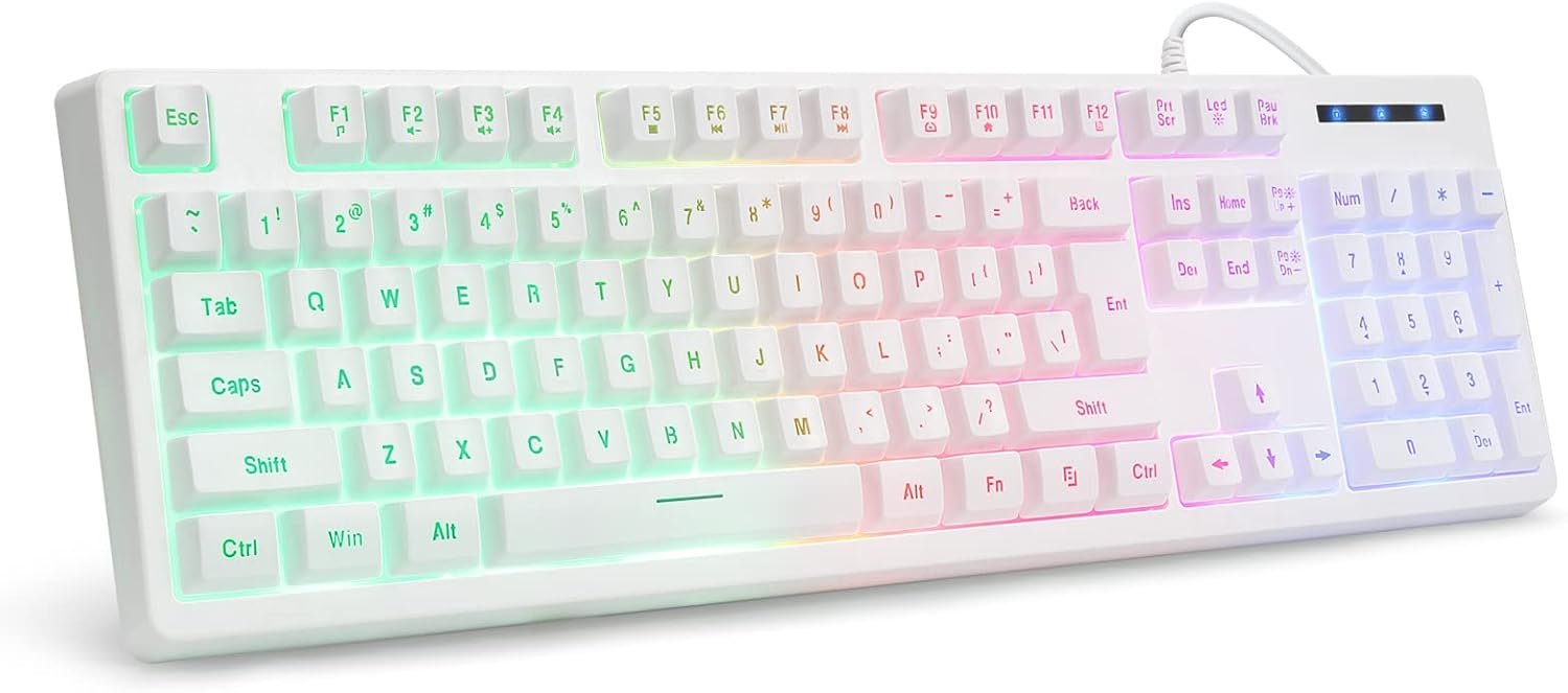 61PTkMuFwgL._AC_SL1500_.jpg White Gaming Keyboard USB Wired with Rainbow LED Backlit, Floating Keys, Mechanical Feeling, Spill Resistant, Ergonomic for Xbox, PS Series, Desktop, Computer, PC - Image 1