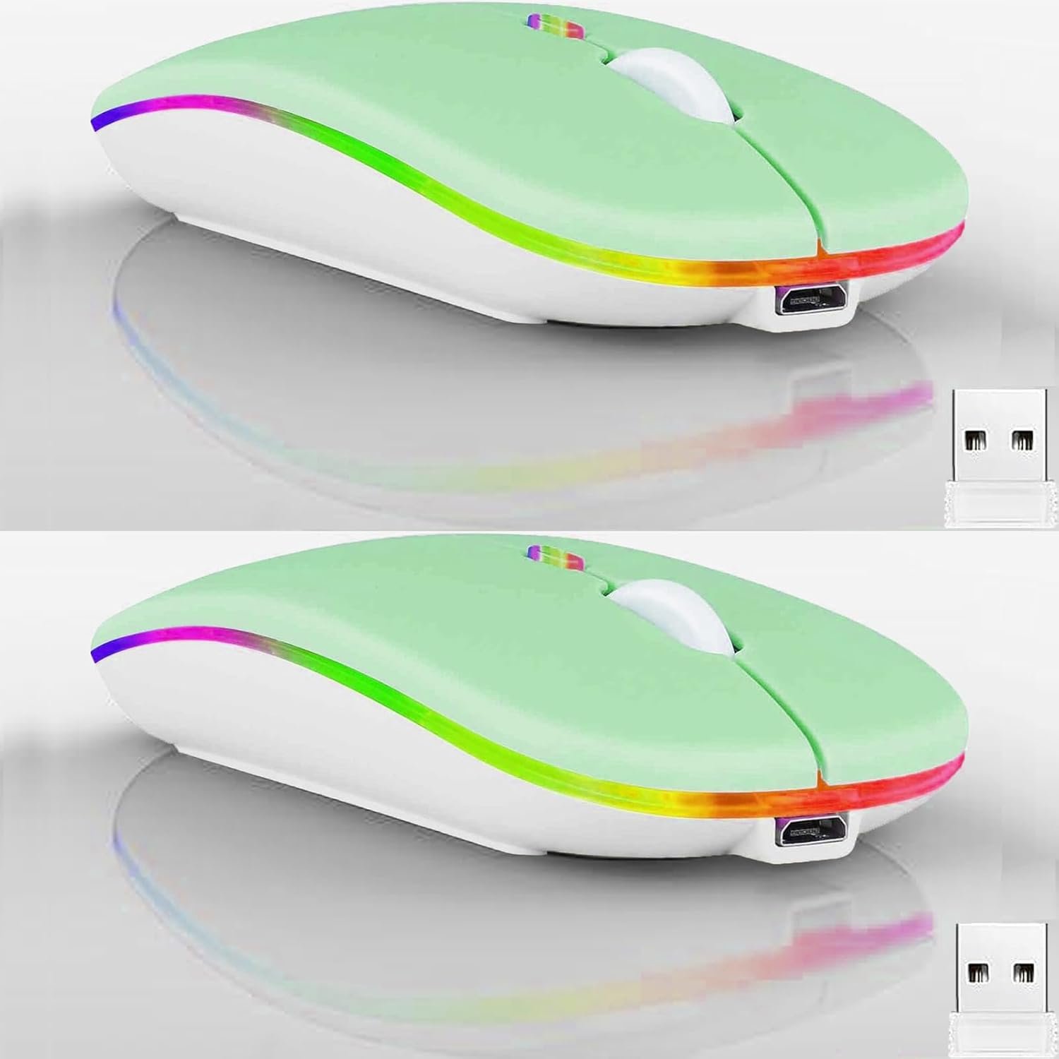61djeJhHalL._AC_SL1500_.jpg 2 pack Wireless Bluetooth Mouse,LED Dual Mode Rechargeable Silent Slim Laptop Mouse,Portable(BT5.2+USB Receiver) Dual Mode Computer Mice,for Laptop,Desktop Computer,ipad Tablet,Phone,Mac(Green) - Image 1