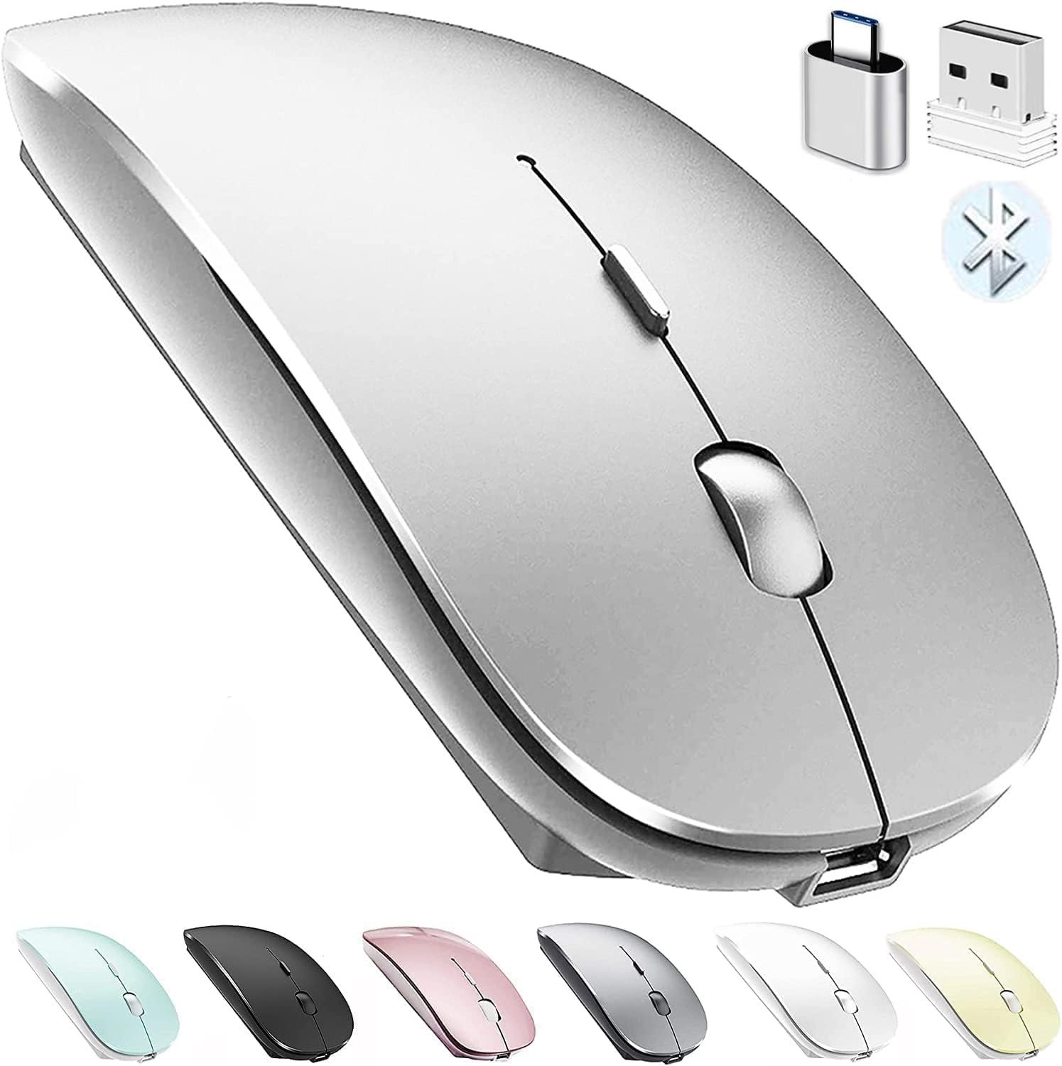 61lAumea3iL._AC_SL1500_.jpg Bluetooth Wireless Mouse for Laptop mac MacBook ipad MacBook air MacBook pro pc Desktop Computer Windows Chromebook Notebook (Silver) - Image 1