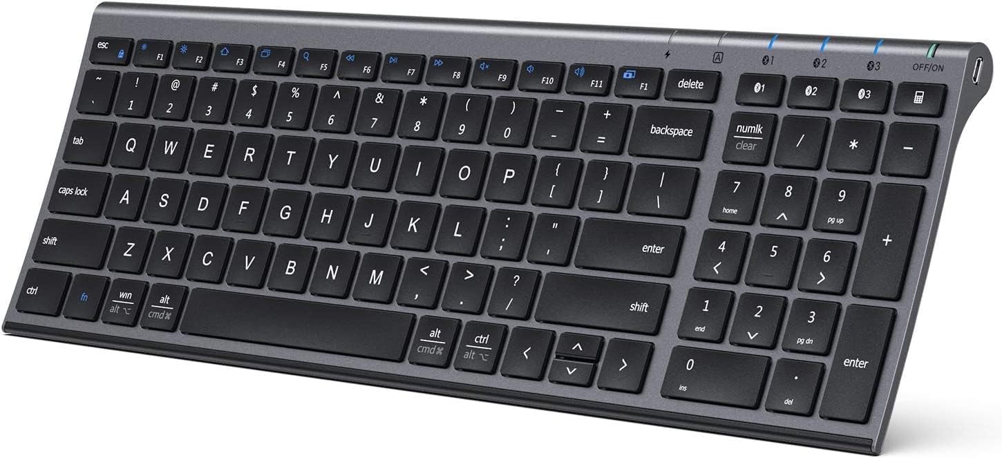 61spLSFzWnL._AC_SL1465_.jpg Bluetooth Keyboard, Universal Bluetooth 5.1 Wireless Keyboard with Number Pad, Ergonomic Design, Multi-Device Compatibility, Stable Connection for Mac, iPad, iPhone, Android, Windows - Image 1