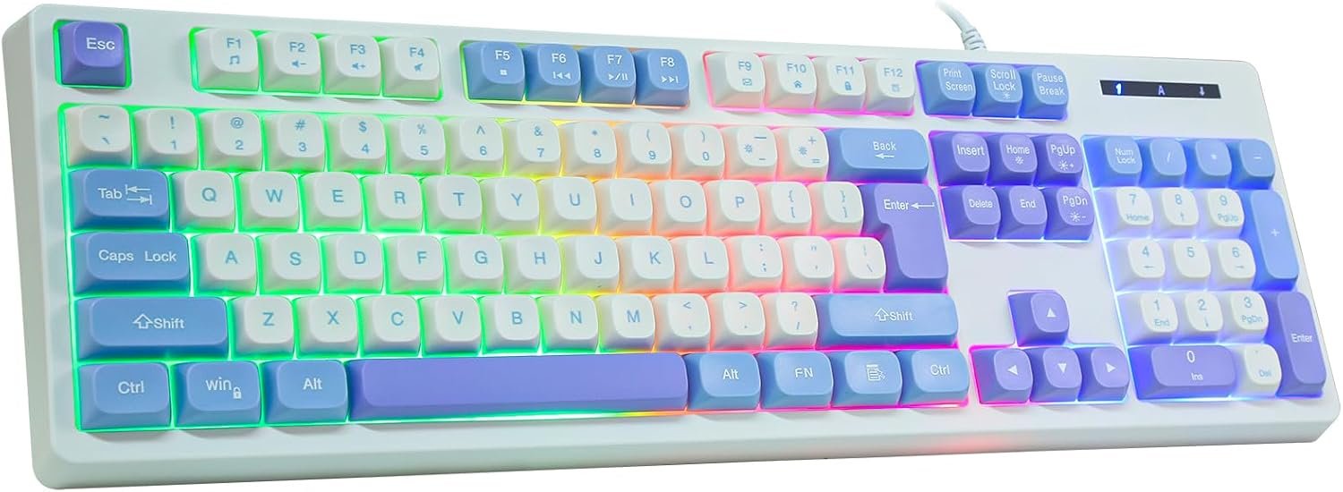 61tE5miRy9L._AC_SL1500_.jpg Wired Gaming Keyboard with Rainbow LED Backlit, Floating Keys, Mechanical Feeling, Spill Resistant, Ergonomic Full Size for Xbox, PS Series, Desktop, Computer, PC (White Blue) - Image 1
