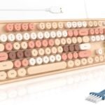 Wired Keyboard, Full Size USB Keyboard Plug Play, Colorful Retro Round Typewriter Keyboard with Foldable Stands for Windows PC Laptop (Milk Tea Colorful)