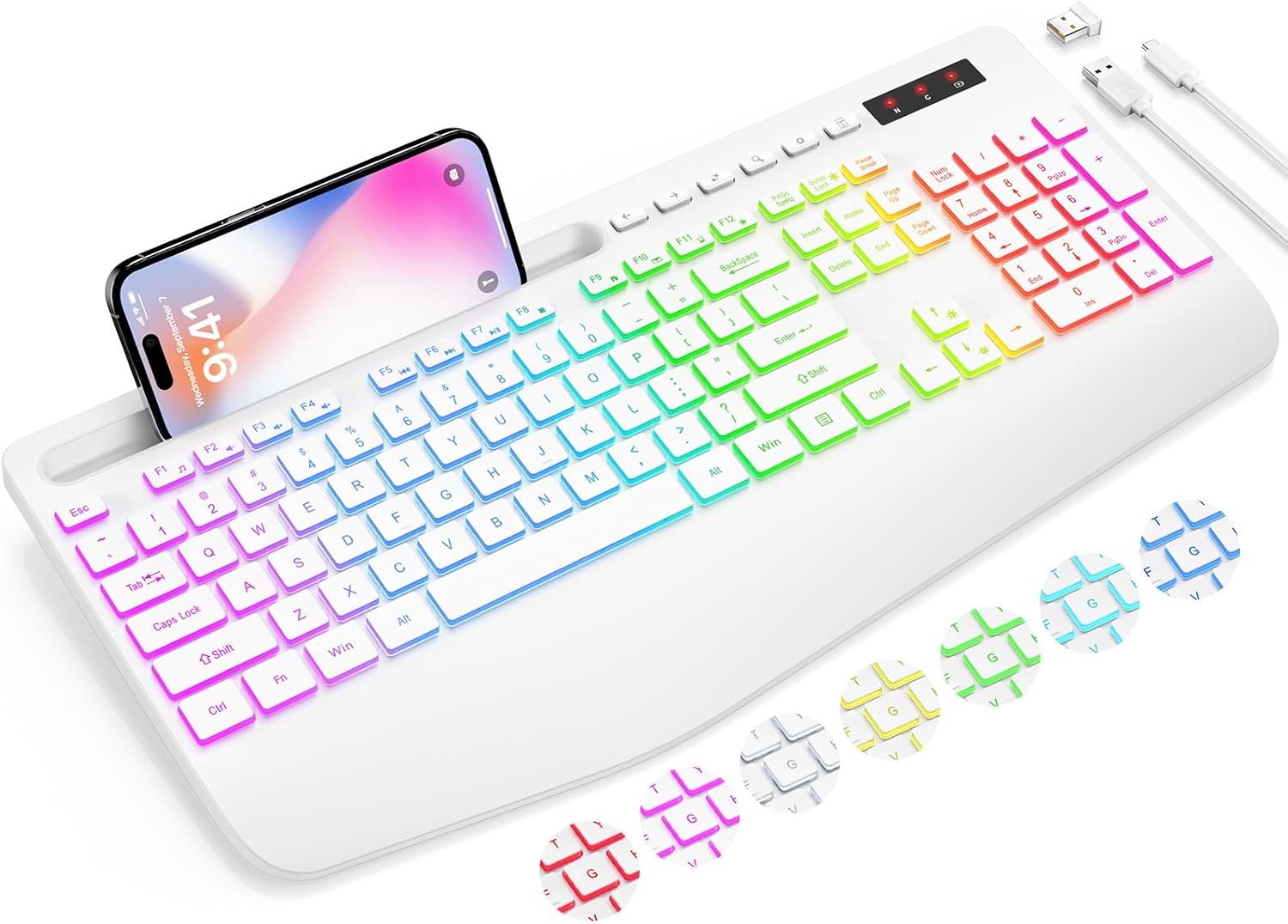 71PKl8AUBpL._AC_SL1500_.jpg Wireless Keyboard with 9 Backlit Effects, Wrist Rest, Phone Holder, 2.4G Lag-Free Ergonomic Keyboards, Rechargeable Silent Cordless, for Computer, Laptop, Mac, Windows, Office, School, White - Image 1