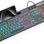Large Print Backlit Keyboard,  Wired Computer Keyboards with 7 Colors & 11 Modes Backlight, Tablet Phone Holder and Quiet Light Up Keys, Full-Size Gaming Keyboard for Windows, Mac