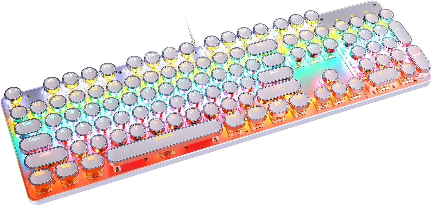 71jNbnUKqAL._AC_SL1500_.jpg Typewriter Style Mechanical Gaming Keyboard LED Backlit Wired with Blue Switch Retro Round Keycap 104 Keys Keyboard (White 104 Keys LED) - Image 1