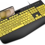 Large Print Keyboard Wired Computer Keyboards with Wrist Rest, Phone Holder, Big Letters Easy to Read Compatible Windows, Desktop, Laptop, Yellow